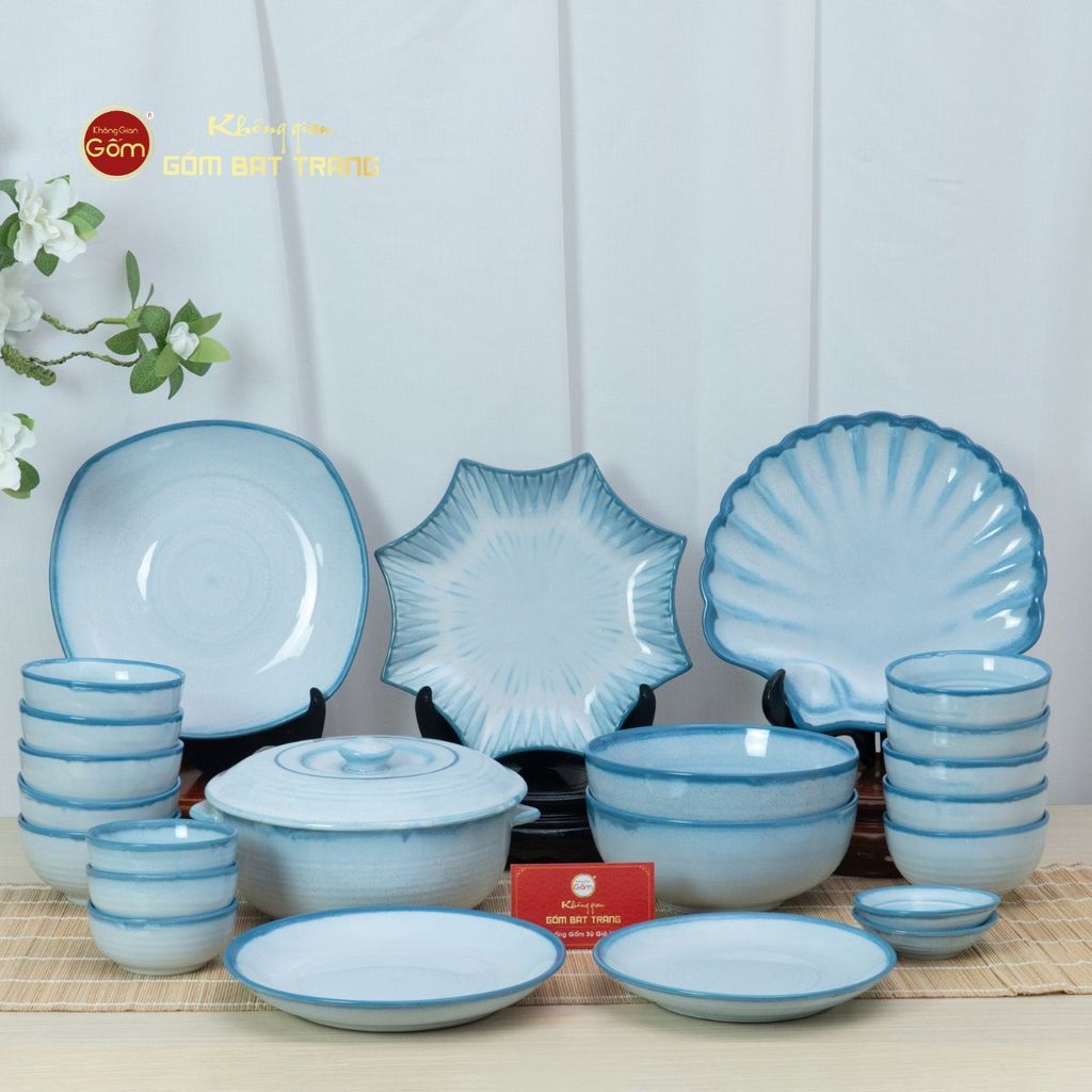 Bộ Bát Đĩa Bát Tràng Men Biển Xanh Cát Trắng