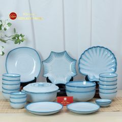Bộ Bát Đĩa Bát Tràng Men Biển Xanh Cát Trắng