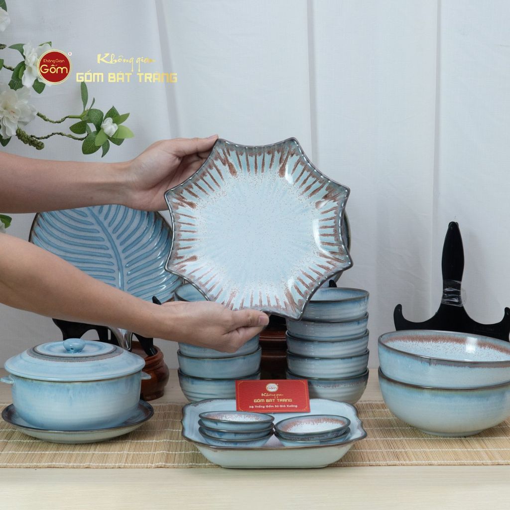 Bộ Bát Đĩa Bát Tràng Men Biển Xanh Kim Sa