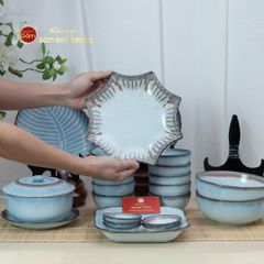 Bộ Bát Đĩa Bát Tràng Men Biển Xanh Kim Sa