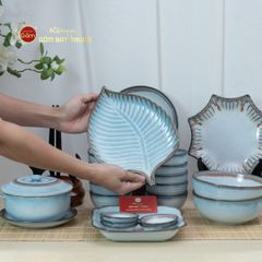 Bộ Bát Đĩa Bát Tràng Men Biển Xanh Kim Sa
