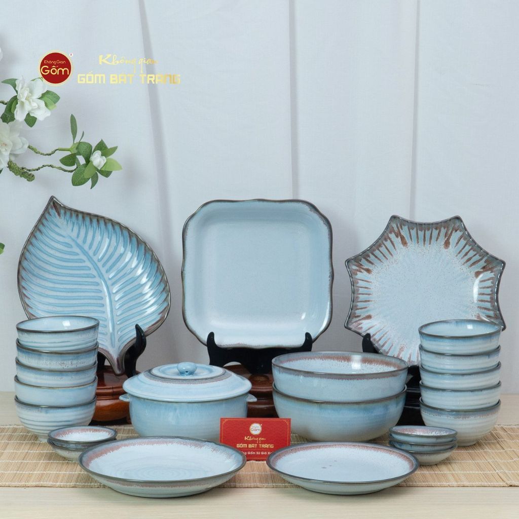 Bộ Bát Đĩa Bát Tràng Men Biển Xanh Kim Sa