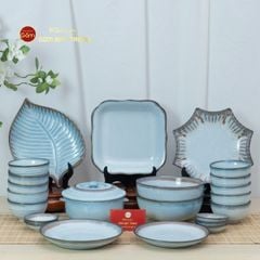 Bộ Bát Đĩa Bát Tràng Men Biển Xanh Kim Sa