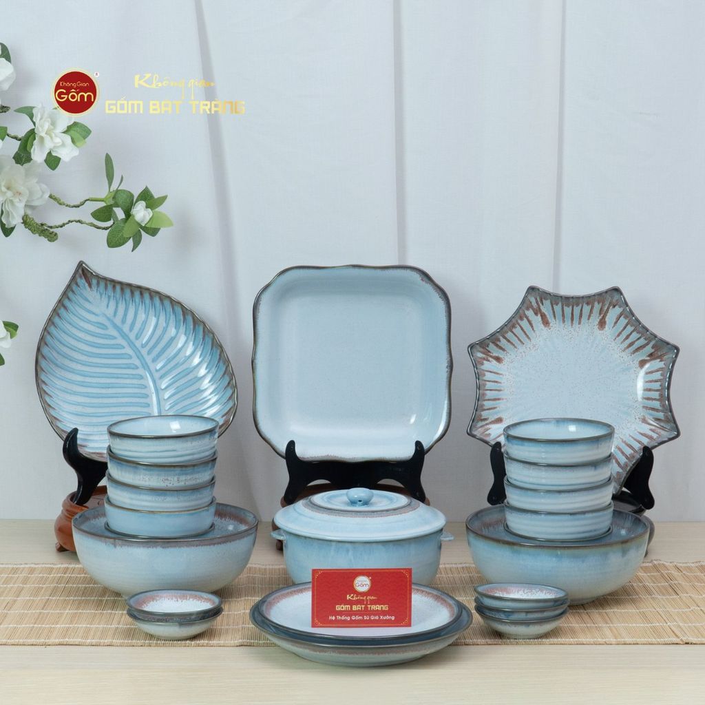 Bộ Bát Đĩa Bát Tràng Men Biển Xanh Kim Sa