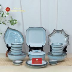 Bộ Bát Đĩa Bát Tràng Men Biển Xanh Kim Sa
