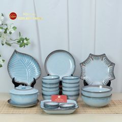 Bộ Bát Đĩa Bát Tràng Men Biển Xanh Kim Sa