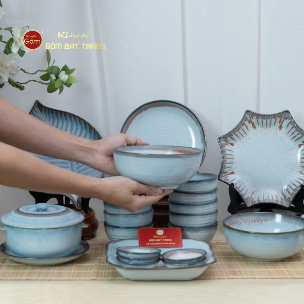 Bộ Bát Đĩa Bát Tràng Men Biển Xanh Kim Sa