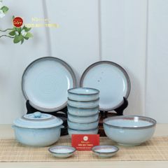 Bộ Bát Đĩa Bát Tràng Men Biển Xanh Kim Sa