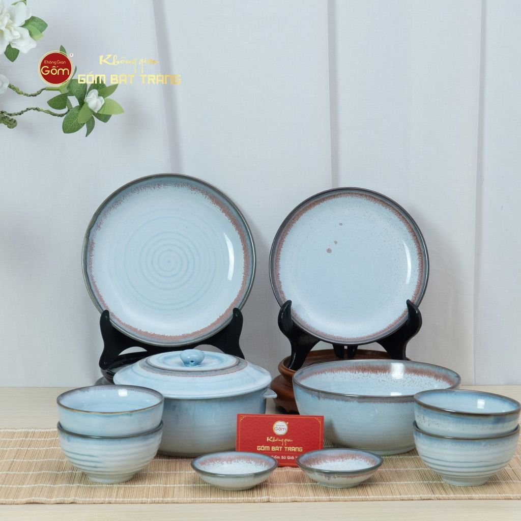 Bộ Bát Đĩa Bát Tràng Men Biển Xanh Kim Sa