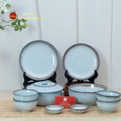 Bộ Bát Đĩa Bát Tràng Men Biển Xanh Kim Sa