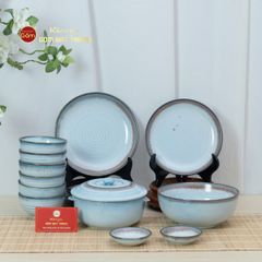 Bộ Bát Đĩa Bát Tràng Men Biển Xanh Kim Sa