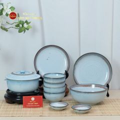 Bộ Bát Đĩa Bát Tràng Men Biển Xanh Kim Sa