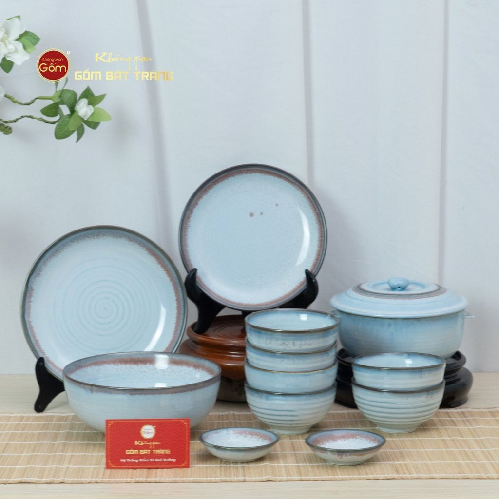 Bộ Bát Đĩa Bát Tràng Men Biển Xanh Kim Sa