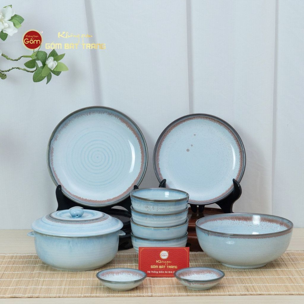 Bộ Bát Đĩa Bát Tràng Men Biển Xanh Kim Sa
