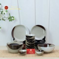 Bộ Bát Đĩa Bát Tràng Men Hỏa Biến Ba Màu