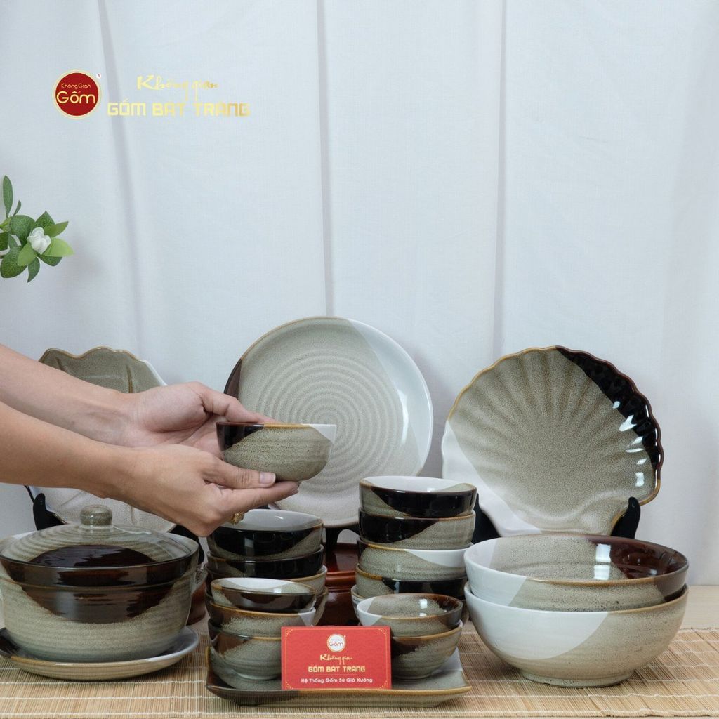 Bộ Bát Đĩa Bát Tràng Men Hỏa Biến Ba Màu