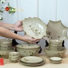 Bộ Bát Đĩa Bát Tràng Men Kem Đào Chuồn