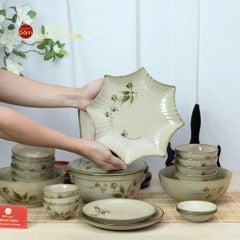 Bộ Bát Đĩa Bát Tràng Men Kem Đào Chuồn