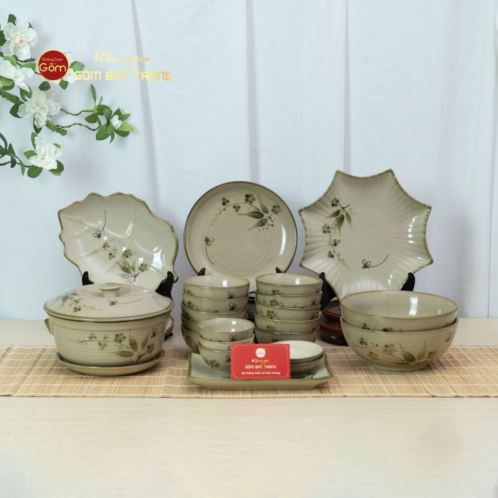 Bộ Bát Đĩa Bát Tràng Men Kem Đào Chuồn