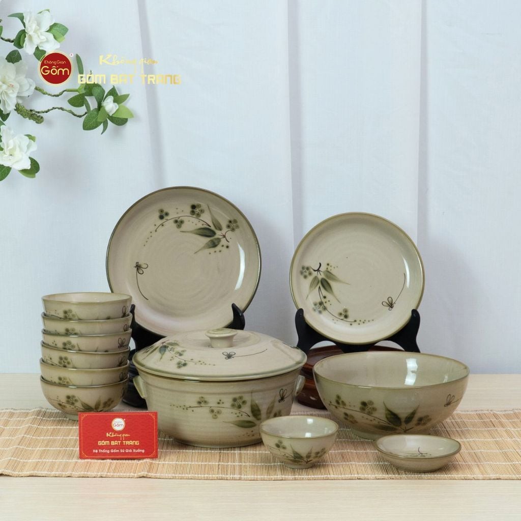 Bộ Bát Đĩa Bát Tràng Men Kem Đào Chuồn