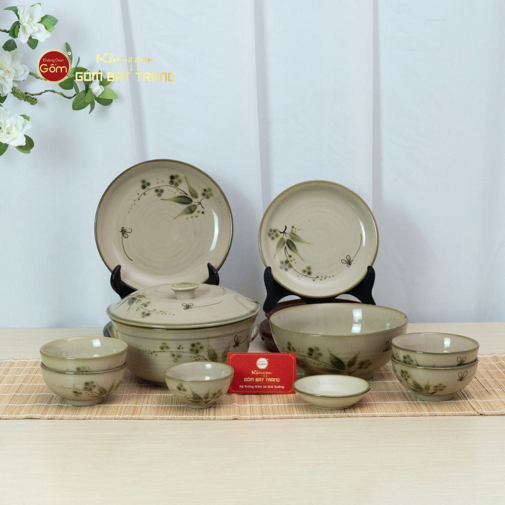 Bộ Bát Đĩa Bát Tràng Men Kem Đào Chuồn