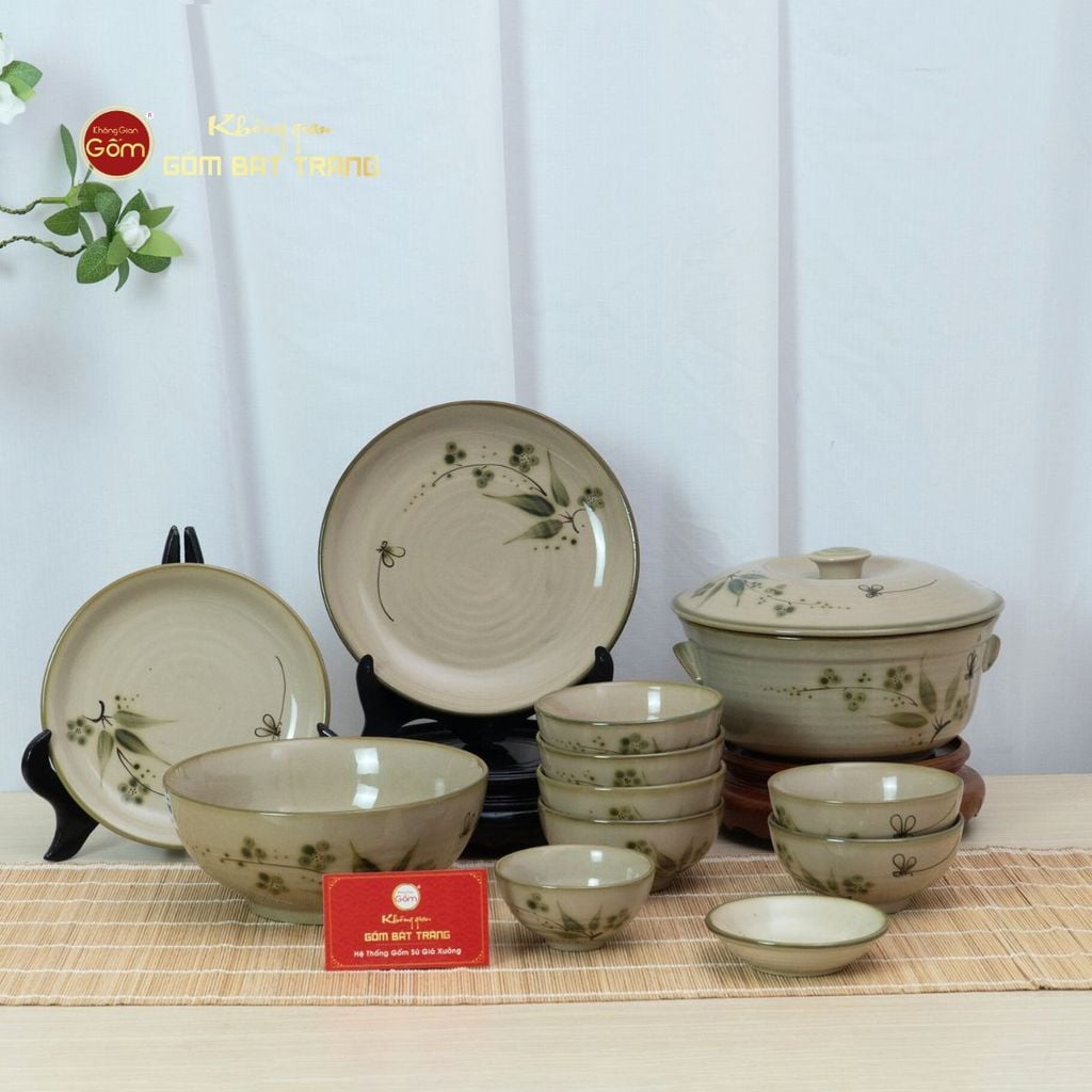 Bộ Bát Đĩa Bát Tràng Men Kem Đào Chuồn