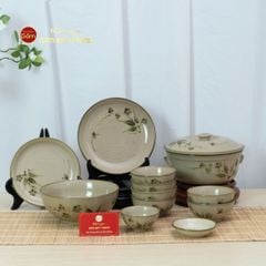 Bộ Bát Đĩa Bát Tràng Men Kem Đào Chuồn