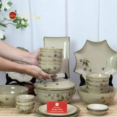 Bộ Bát Đĩa Bát Tràng Men Kem Đào Chuồn