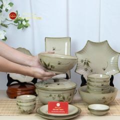 Bộ Bát Đĩa Bát Tràng Men Kem Đào Chuồn