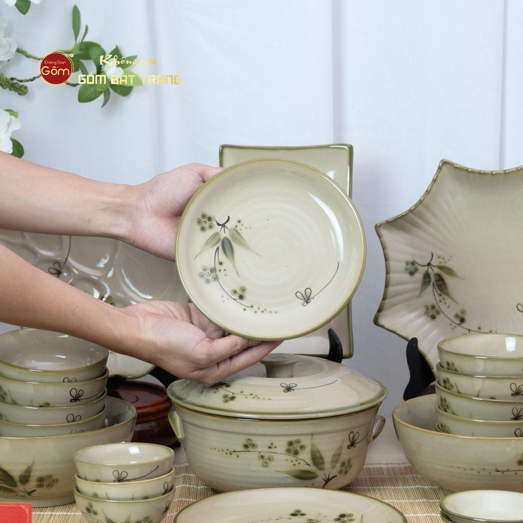 Bộ Bát Đĩa Bát Tràng Men Kem Đào Chuồn