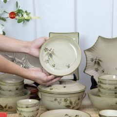 Bộ Bát Đĩa Bát Tràng Men Kem Đào Chuồn