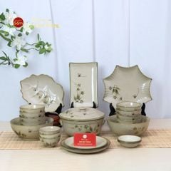 Bộ Bát Đĩa Bát Tràng Men Kem Đào Chuồn