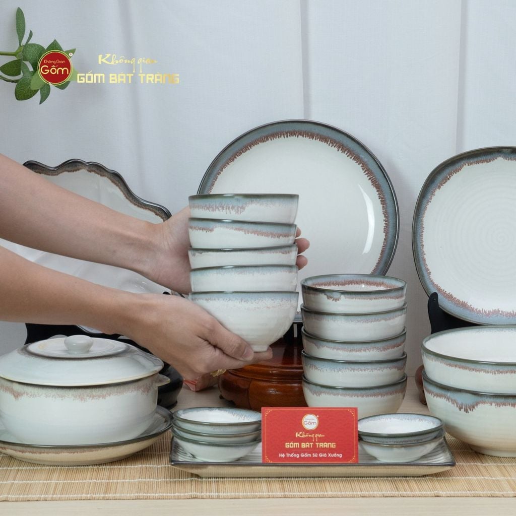 Bộ Bát Đĩa Bát Tràng Men Ngọc Trai