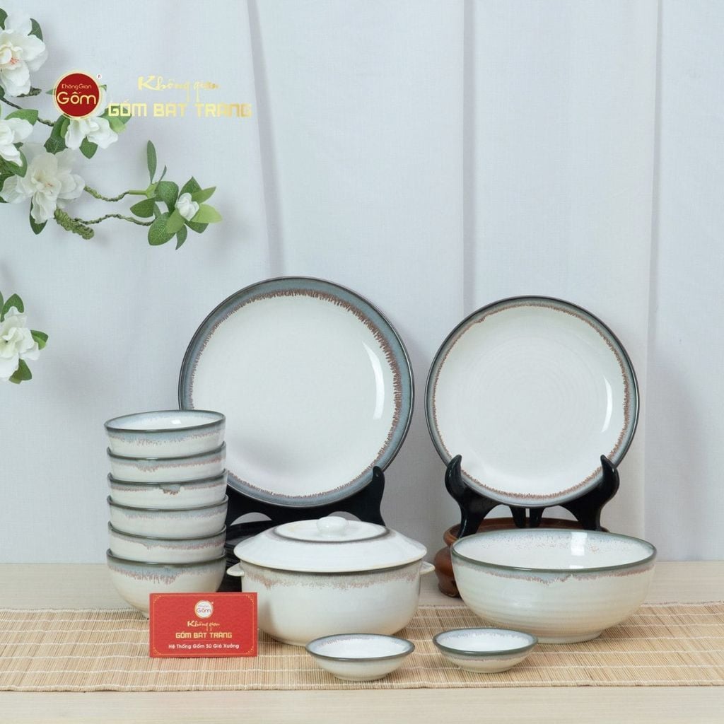 Bộ Bát Đĩa Bát Tràng Men Ngọc Trai