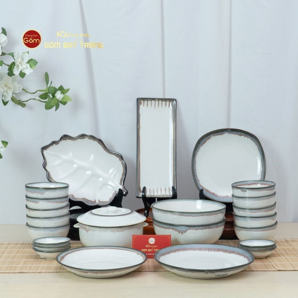 Bộ Bát Đĩa Bát Tràng Men Ngọc Trai