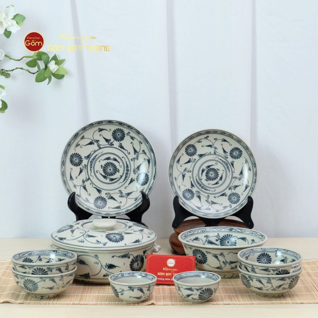 Bộ Bát Đĩa Bát Tràng Men Rạn Vẽ Cúc Đen