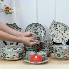Bộ Bàn Ăn 10 Người (23 món) Men Rạn Vẽ Cúc Đen