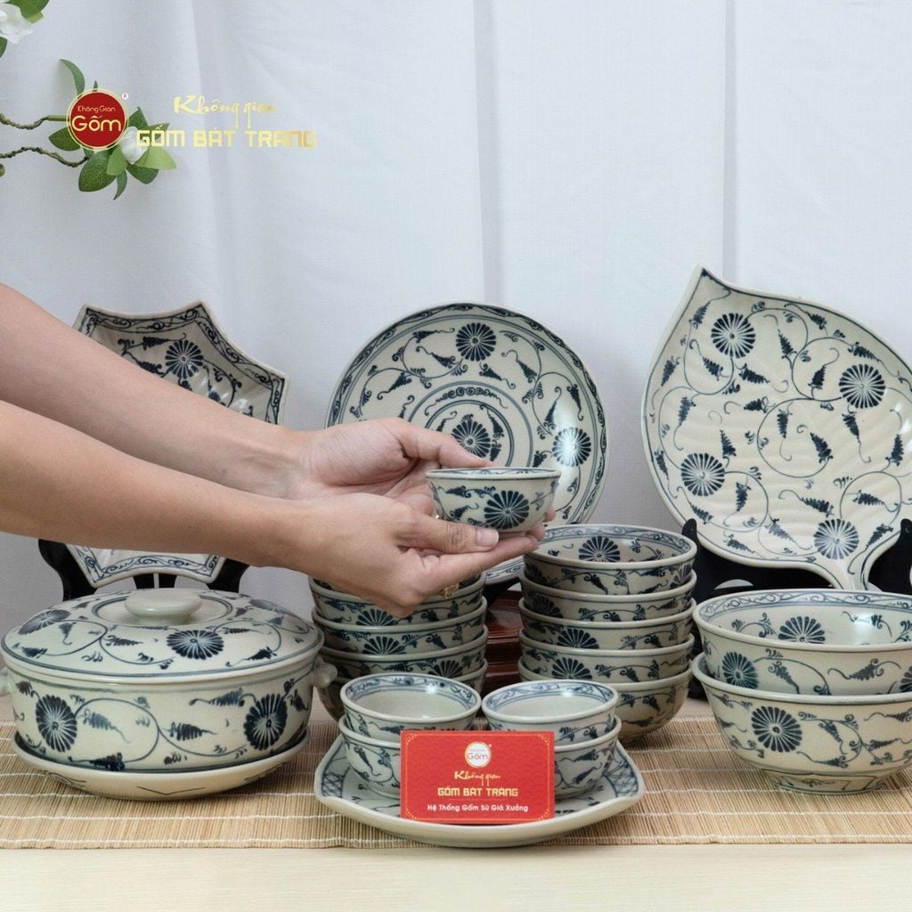 Bộ Bàn Ăn 6 Người (12 món) Men Rạn Vẽ Cúc Đen