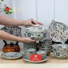 Bộ Bàn Ăn 10 Người (23 món) Men Rạn Vẽ Cúc Đen