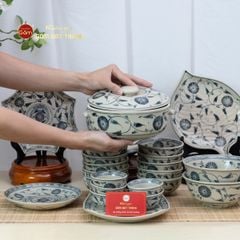Bộ Bát Đĩa Bát Tràng Men Rạn Vẽ Cúc Đen