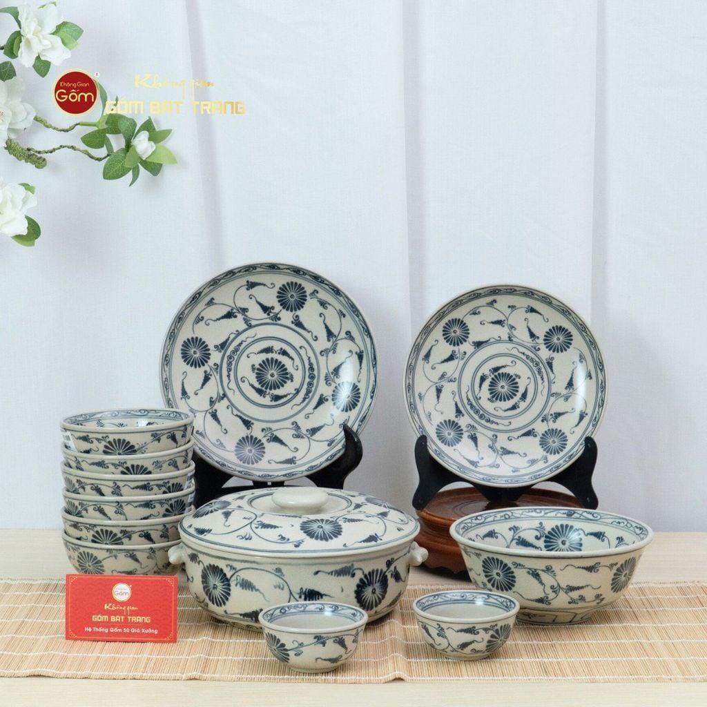 Bộ Bát Đĩa Bát Tràng Men Rạn Vẽ Cúc Đen