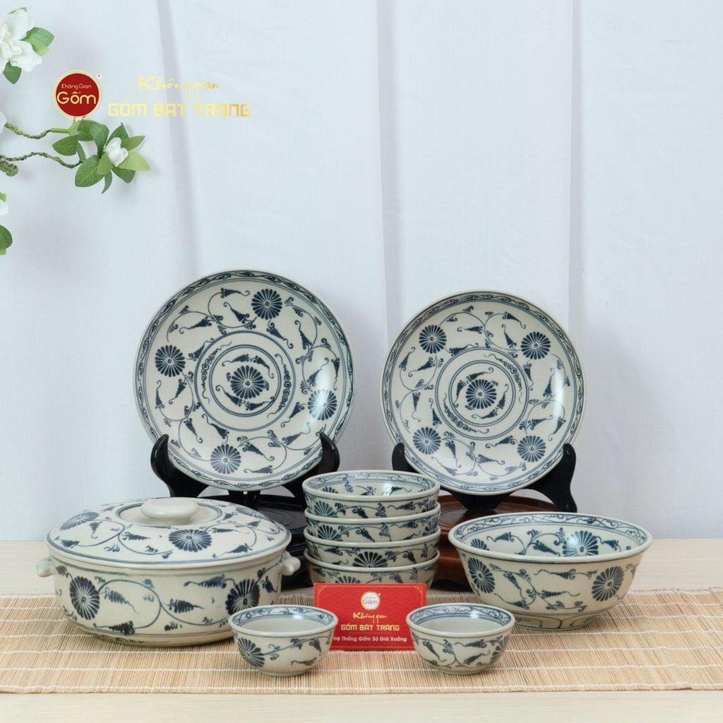 Bộ Bàn Ăn 4 Người (10 món) Men Rạn Vẽ Cúc Đen