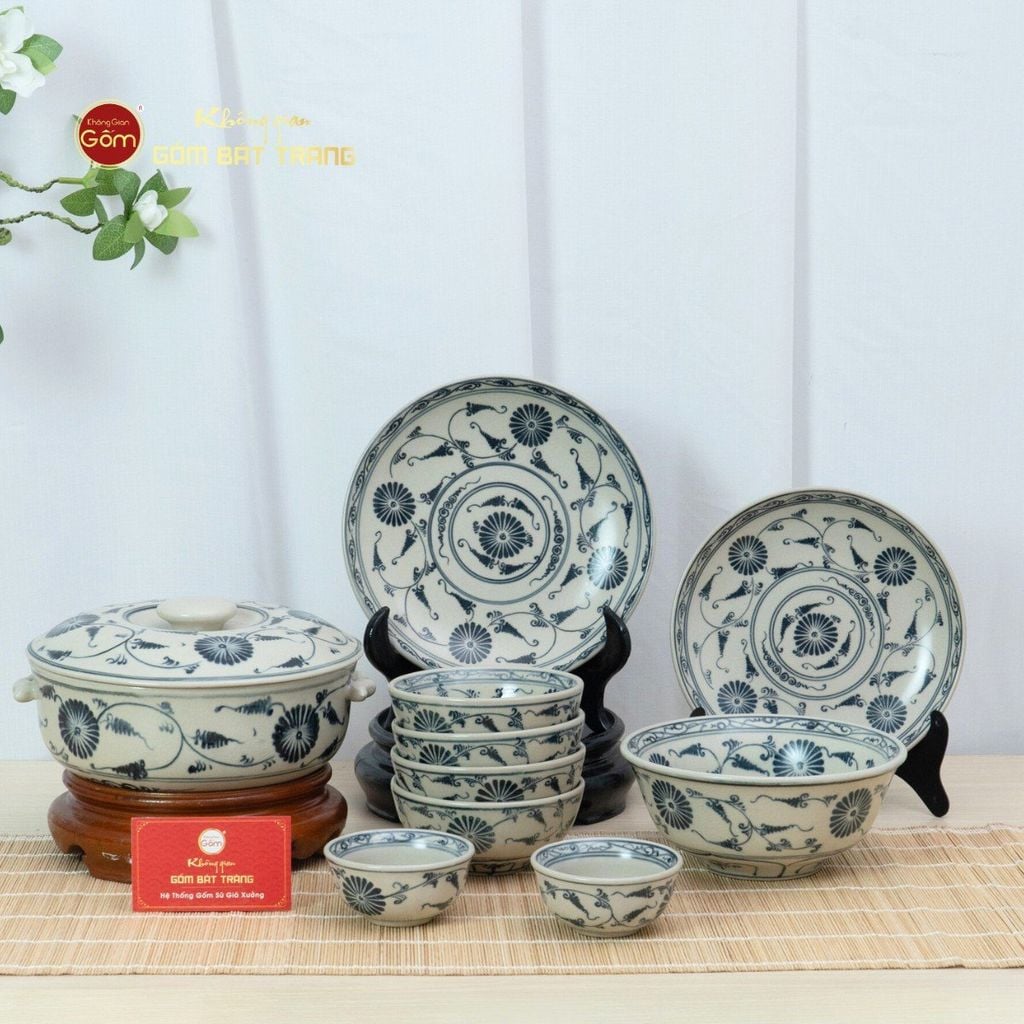 Bộ Bát Đĩa Bát Tràng Men Rạn Vẽ Cúc Đen