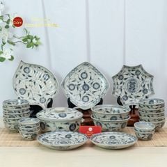 Bộ Bát Đĩa Bát Tràng Men Rạn Vẽ Cúc Đen