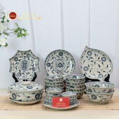 Bộ Bàn Ăn 10 Người (23 món) Men Rạn Vẽ Cúc Đen