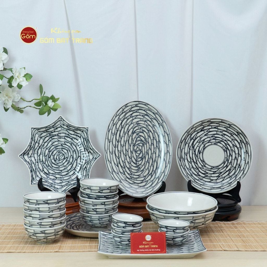 Bộ Bàn Ăn 10 Người (22 món) Men Trắng Vẽ Cá Đàn