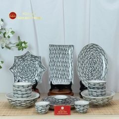 Bộ Bàn Ăn 10 Người (22 món) Men Trắng Vẽ Cá Đàn