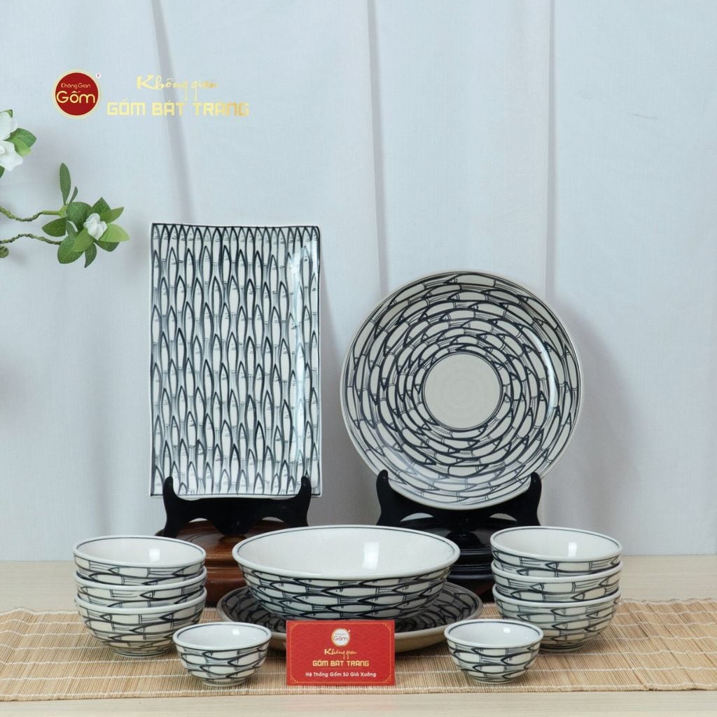 Bộ Bàn Ăn 6 Người (12 món) Men Trắng Vẽ Cá Đàn