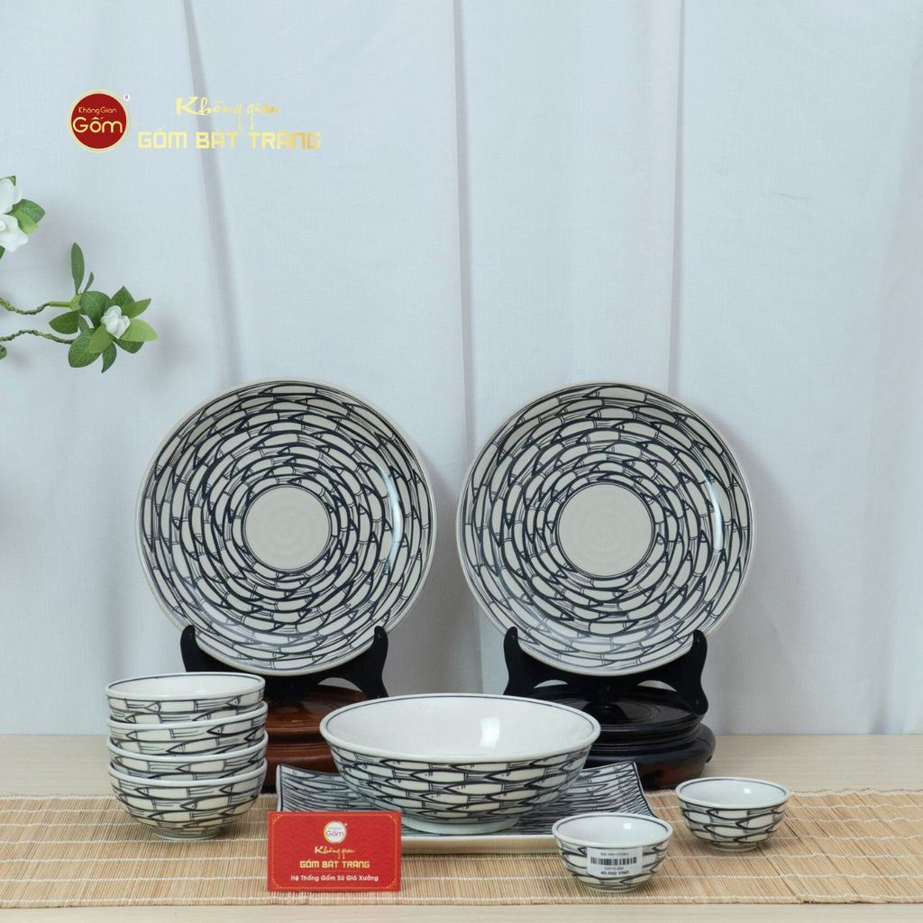 Bộ Bát Đĩa Bát Tràng Men Trắng Vẽ Cá Đàn