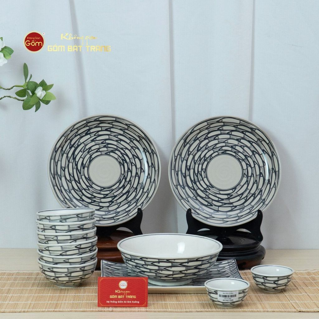 Bộ Bát Đĩa Bát Tràng Men Trắng Vẽ Cá Đàn